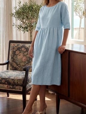 Lintico Light Blue Women's Relaxed Fit Linen Midi Dress, XL